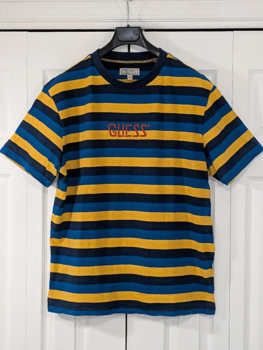 Guess Originals Embroidered Logo Striped Blue and Yellow T-Shirt - Picture 1 of 10